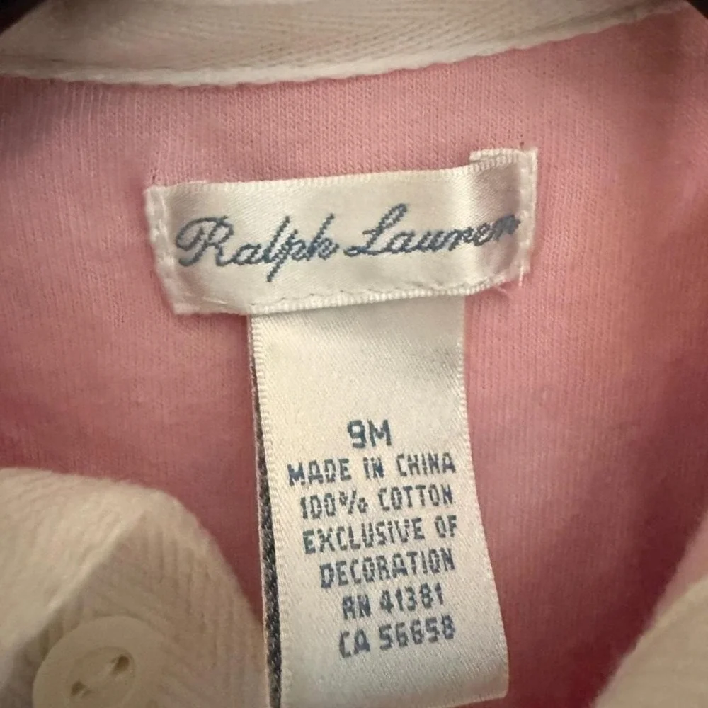 Vintage Ralph Lauren Baby Girl 9M Pink Blue Striped Long Sleeve Romper